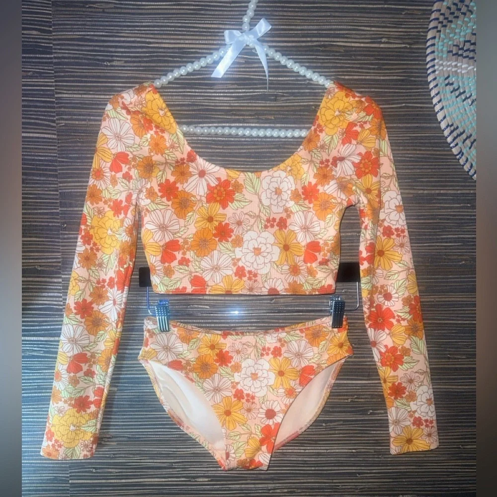 Art Class Floral Rash Guard Bikini Set- Pink and Orange Floral Size XL (14)